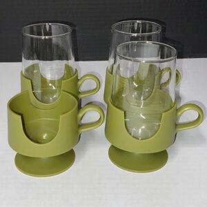 Corning GLAS-SNAP Set of 3 + 1 Base Glass & Plastic Avocado Green Cup Mugs Exc!